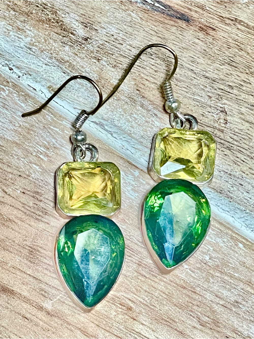 Green Teardrop & Yellow Square Crystal Dangle Earrings